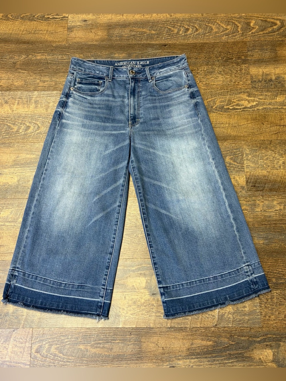 American Eagle Festival Crop Jeans Womens 8 Wide Leg Super Stretch Raw Hem Boho